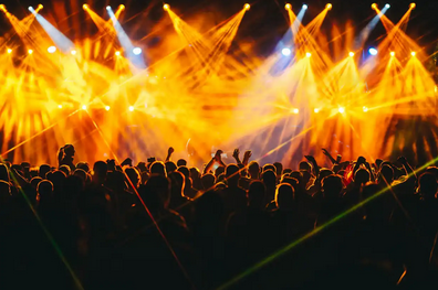 Image of people at a concert at night, with bright lights.